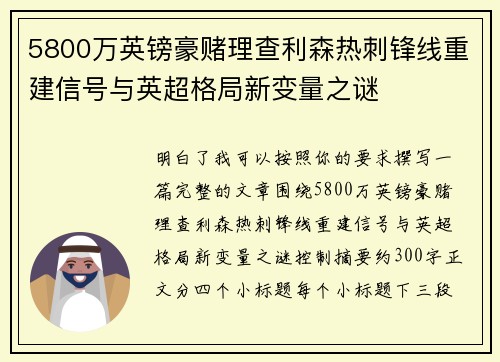 5800万英镑豪赌理查利森热刺锋线重建信号与英超格局新变量之谜 5800万英镑豪赌理查利森热刺锋线重建信号与英超格局新变量之谜