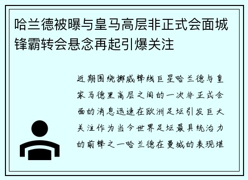 哈兰德被曝与皇马高层非正式会面城锋霸转会悬念再起引爆关注